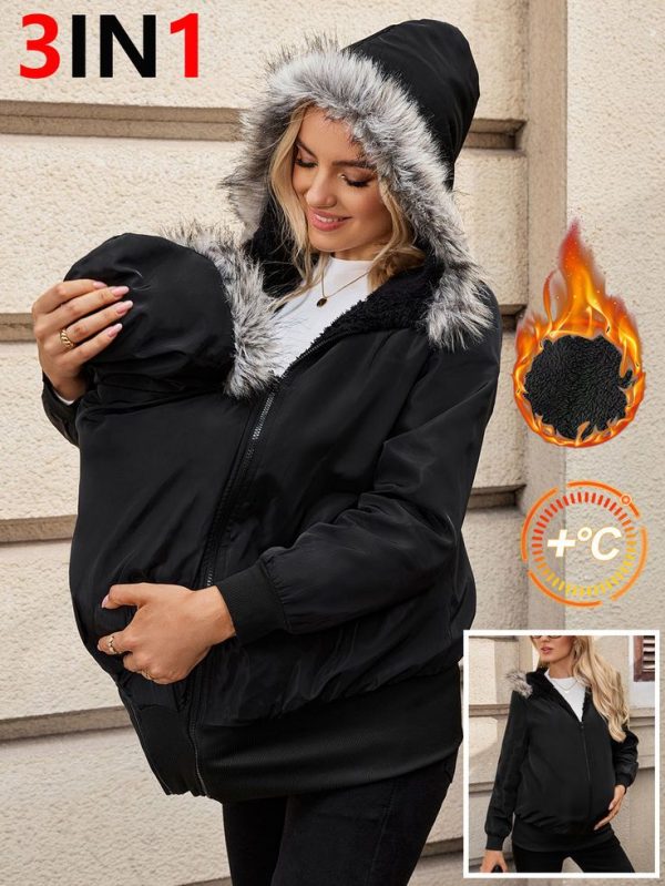 Pregnancy Jacket With Furry Collar Zip Front