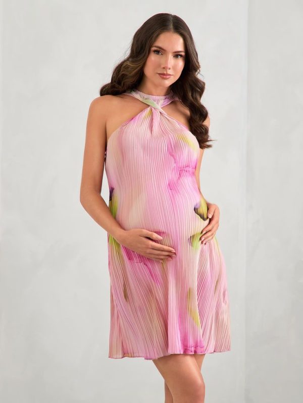 Tie-Dye Twisted Pleated Halter Mini Dress