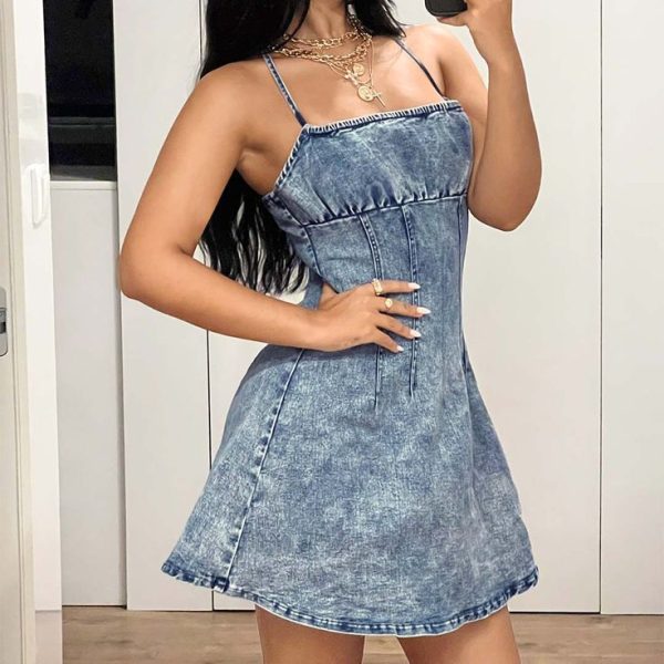 Pleated Slim Fit Mini Denim Dress