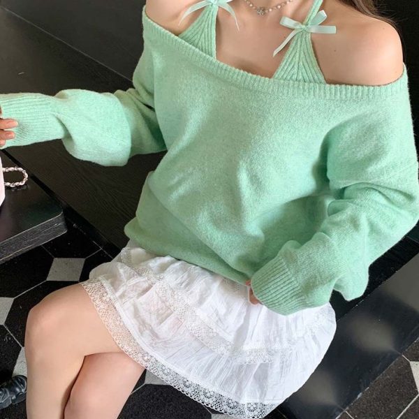 Crew Neck Bow Decor Knit Sweater