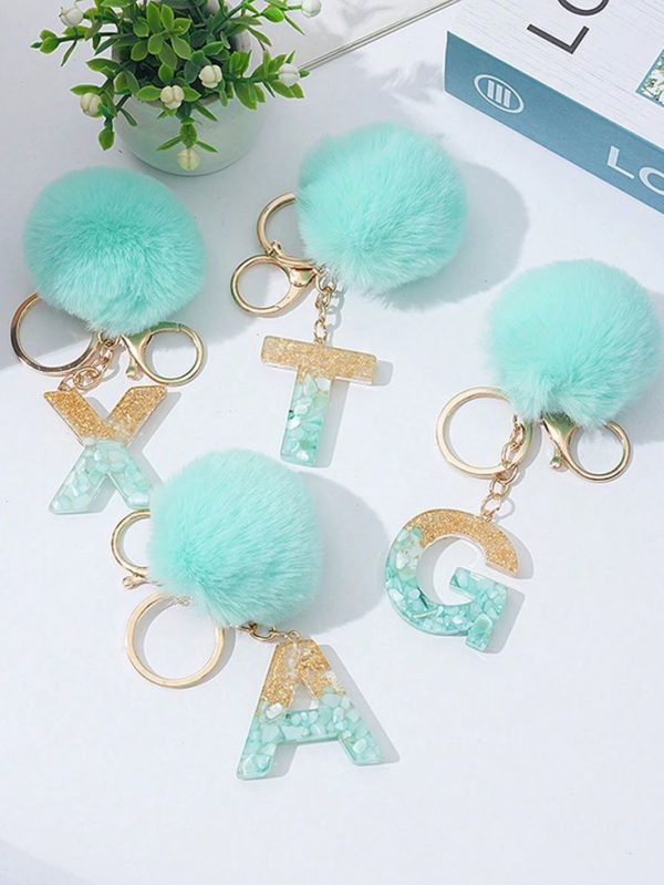 Green Plush Ball Initial Letter Keychain