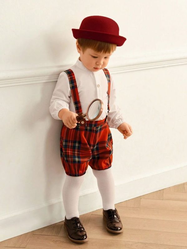 Cardigan + Red Plaid Suspender Shorts