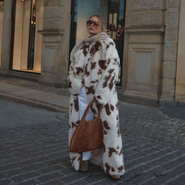 Faux Fur Cow Print Longline Coat