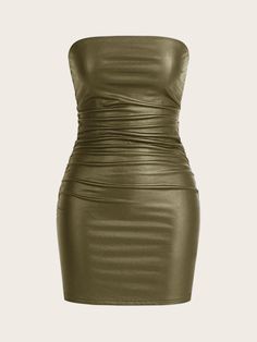 SHEIN ICON Women's PU Leather Slim Solid Color Tube Top Dress