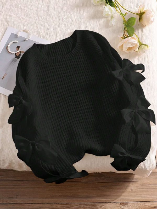 SHEIN SHEIN Cosyjoi Plus Size Long Sleeve Hollow Bowknot Decor Cute Sweater