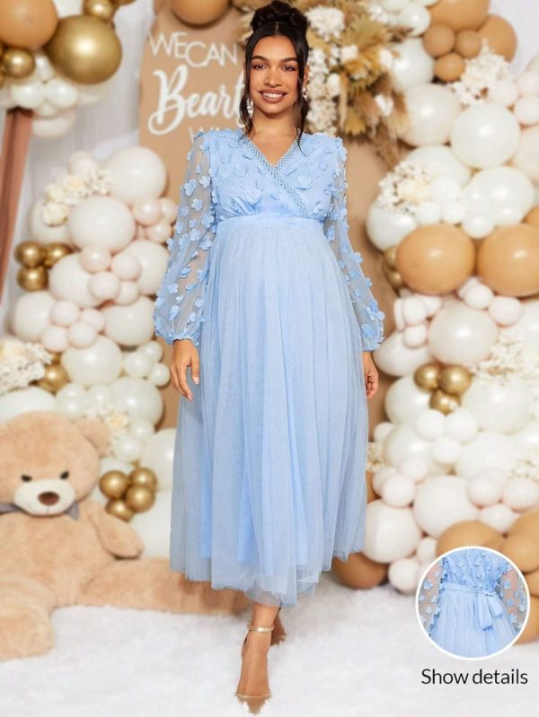 SHEIN Loomaby Maternity Solid V-Neck Floral Applique Mesh Long Sleeve Elegant Dress