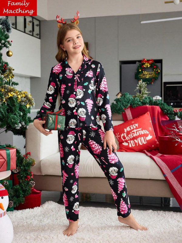 2pcs Tween Girl Minimalist Santa Claus & Christmas Tree Print Collar Long Sleeve Top And Pants