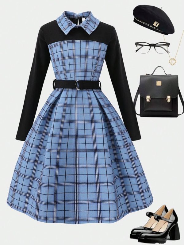 Retrotrend Kids Tween Girls Vintage Plaid Print Lapel Long Sleeve Belted Dress, Suitable