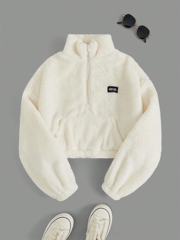 SHEIN EZwear Summer Outfits Women's Half Zipper White Fleece Sweatshirt With Letter Patch Design