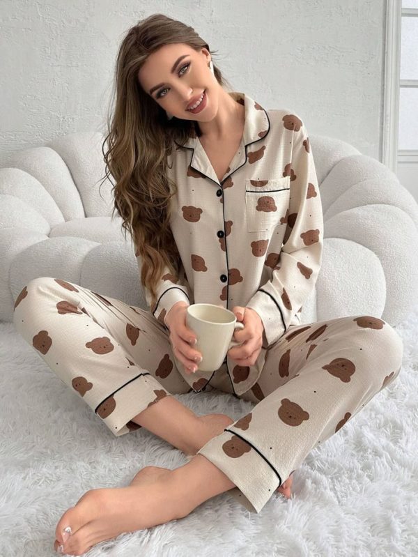 Shein CoupledUp Women's Bear Printed Long Sleeve Long Pants Pajama Set