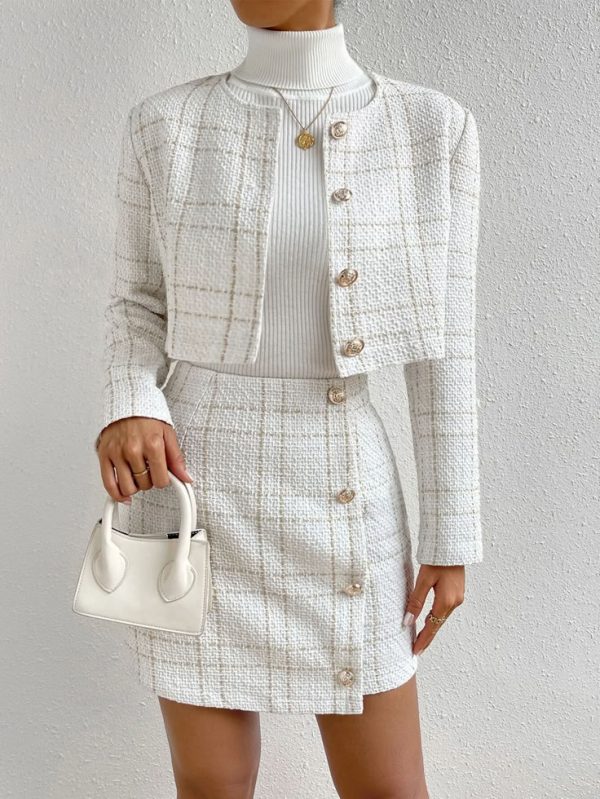 SHEIN Privé Plaid Print Crop Jacket & Button Front Skirt