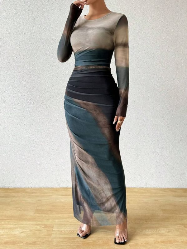 SHEIN Privé Spring/Summer Fashion Tie-Dye Ruched Slim Long Dress