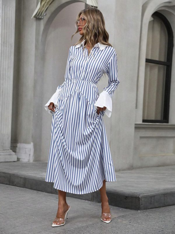 SHEIN Modichic Random Striped Print Patchwork Bell Sleeve Shirt Collar Dress