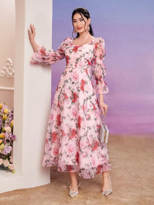 SHEIN Modely Floral Print Sweetheart Neck Flounce Sleeve Organza Dress Without Belt
