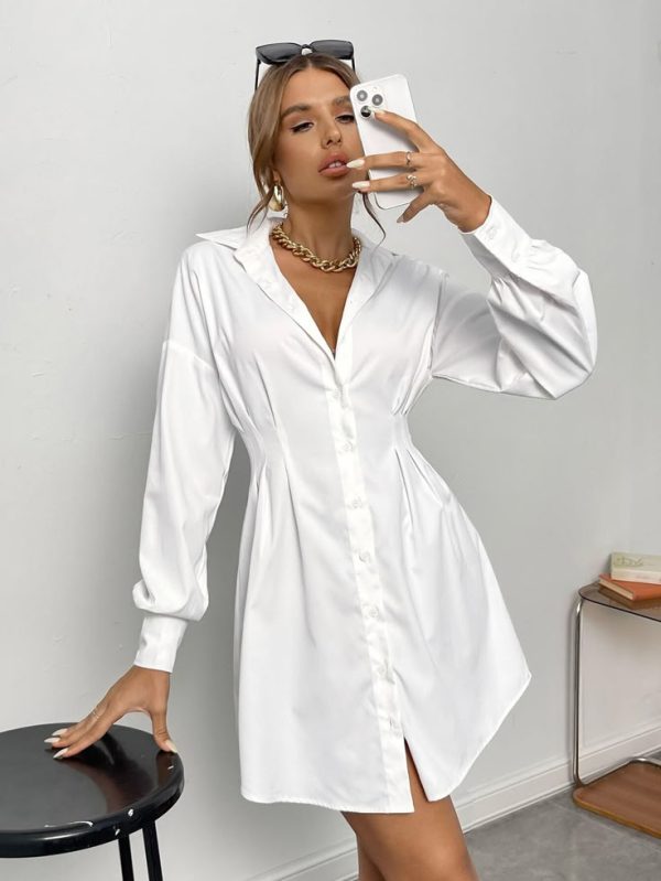 SHEIN Privé Ruched Drop Shoulder Shirt White Dress With Sleeves