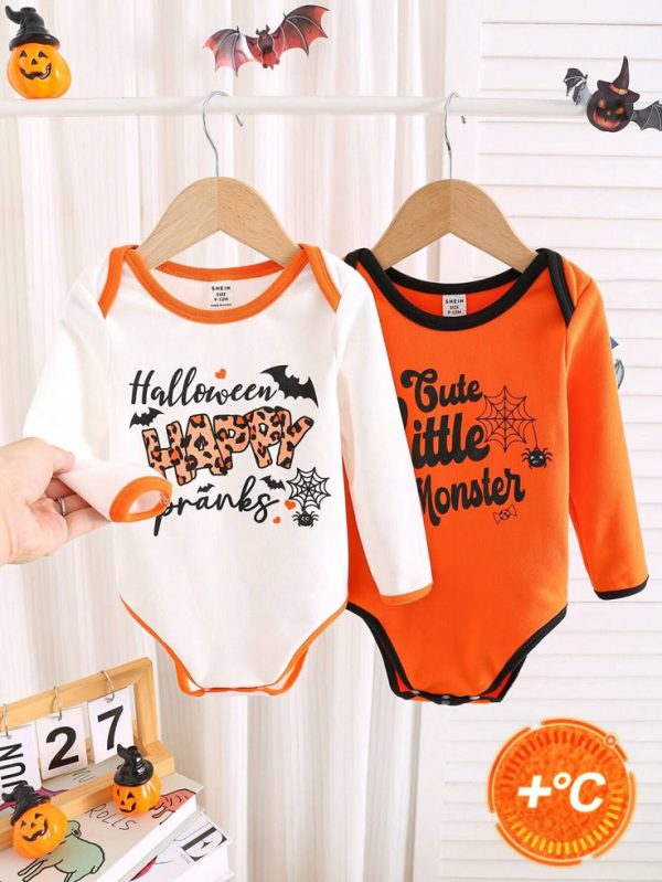 SHEIN 2pcs Newborn Baby Boy & Girl  Face Pattern All-Match Solid Soft  Long Sleeve Romper, Suitable