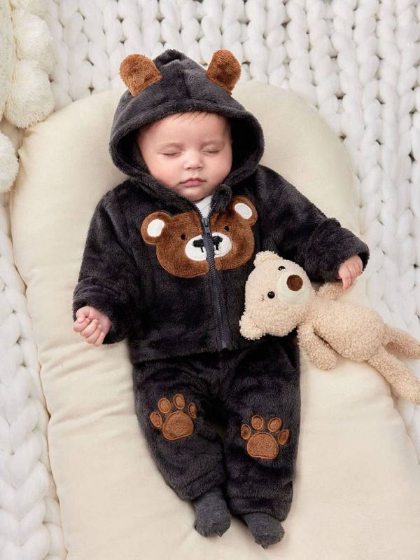 SHEIN Baby Knit Fabric  Jacket & Pants, Cute Monster  Baseball Top & Sporty Long Pants, Suitable