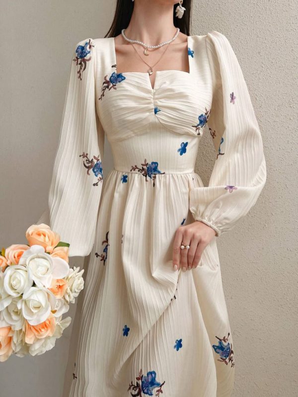 SHEIN Modely Floral Print Square Neckline Empire Waist Lantern Sleeve Dress