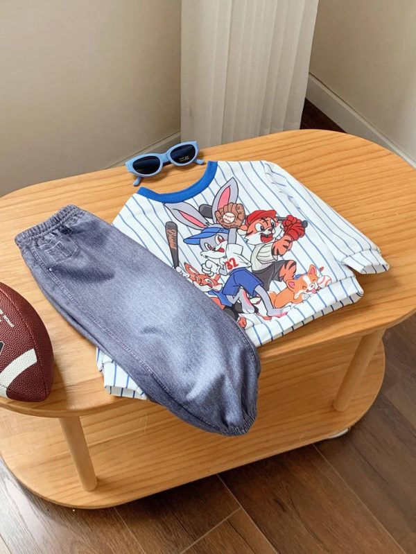 SHEIN 2pcs/Set Baby Boy/Girl Cartoon  Striped Long Sleeve Top And Elastic Waist Printed Long Pants