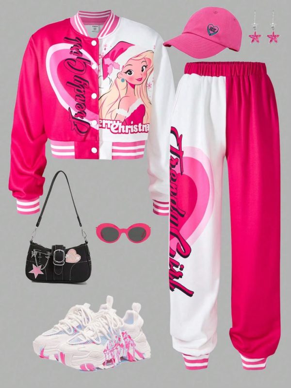 SHEIN 2pcs/Set Tween Girl Casual Colorblock Portrait Print Snap Front Bomber Jacket And Pants Sets
