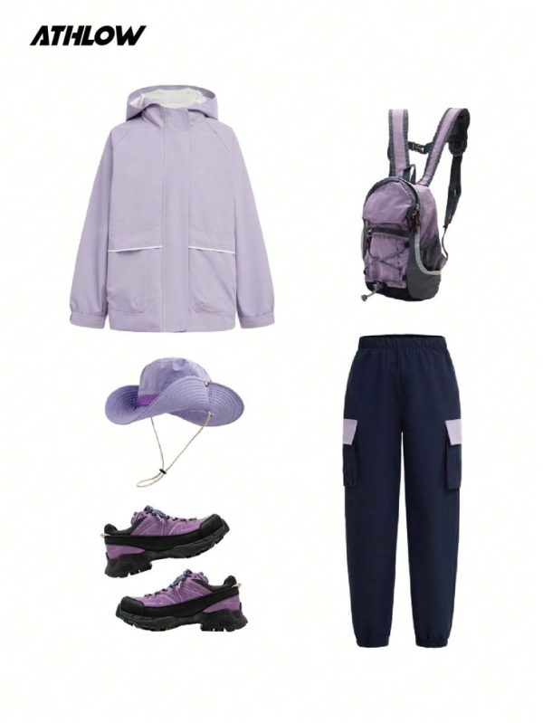2-Piece Girls Jacket Top & Pants Sports Outdoor Set: Purple Jacket & Navy Pants