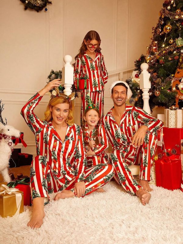 Tween Girl Minimalist Christmas Tree & Striped Print Sweater & Casual Pants Pajama 2-Piece Outfits