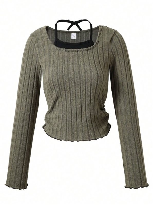 Teen Girl' Casual Green & Black Contrast Color Ribbed Collared Long Sleeve T-Shirt Top