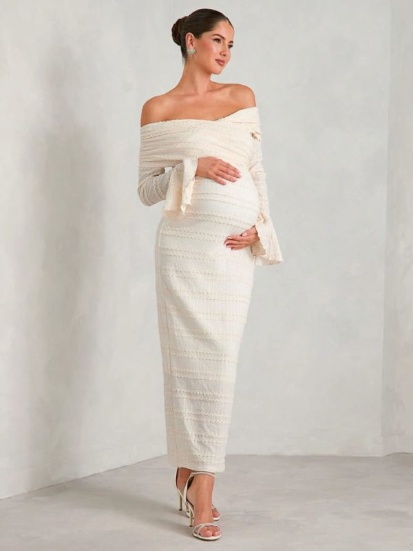 SHEIN MaterniChic Solid Off-Shoulder Textured Long Sleeve Dress