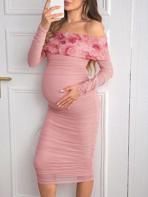 SHEIN MaterniChic Maternity Off-Shoulder Ruched Bodycon Dress, Elegant Party Long Gown, Pink