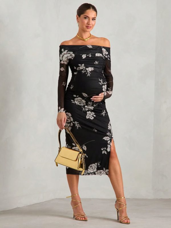 SHEIN MaterniChic Maternity Asymmetrical Neck Floral Print Split  Dress