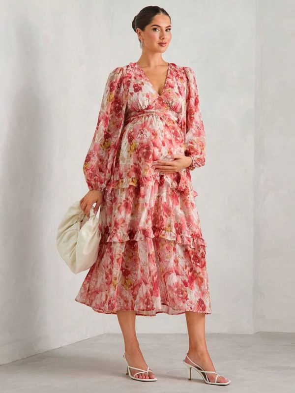 SHEIN MaterniChic Maternity Women Deep V-Neck Lantern Sleeve Dress