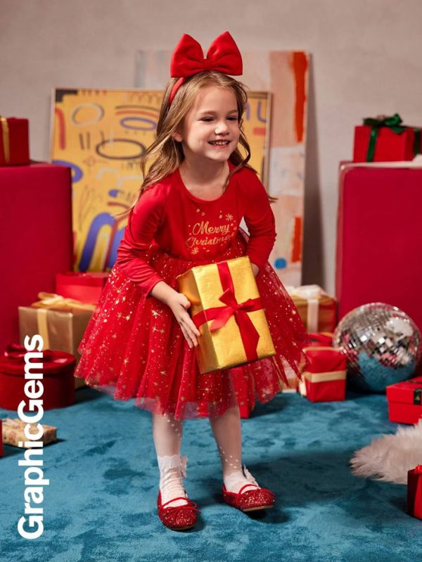 GraphicGems Young Girl' Christmas Snowflake Print Long Sleeve Metallic Mesh Patchwork Dress