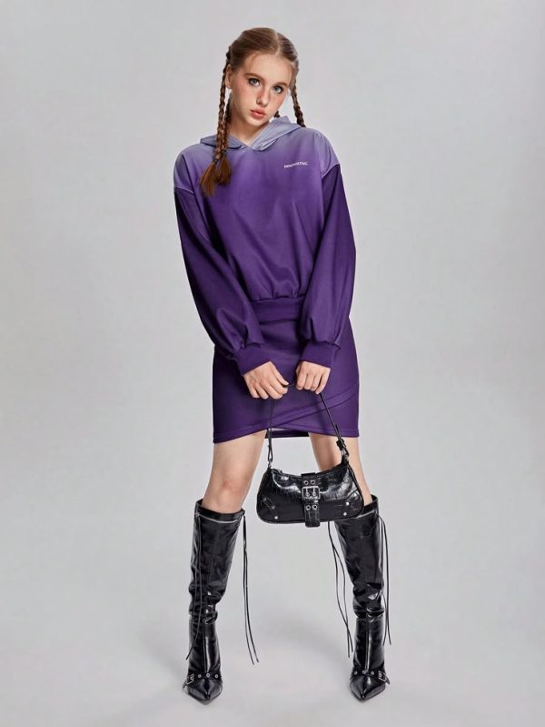 SHEIN 2pcs Teen Girl Frensh Vintage Vibe Tie-Dye Long Sleeve Sweatshirt And Waisted Purple Skirt
