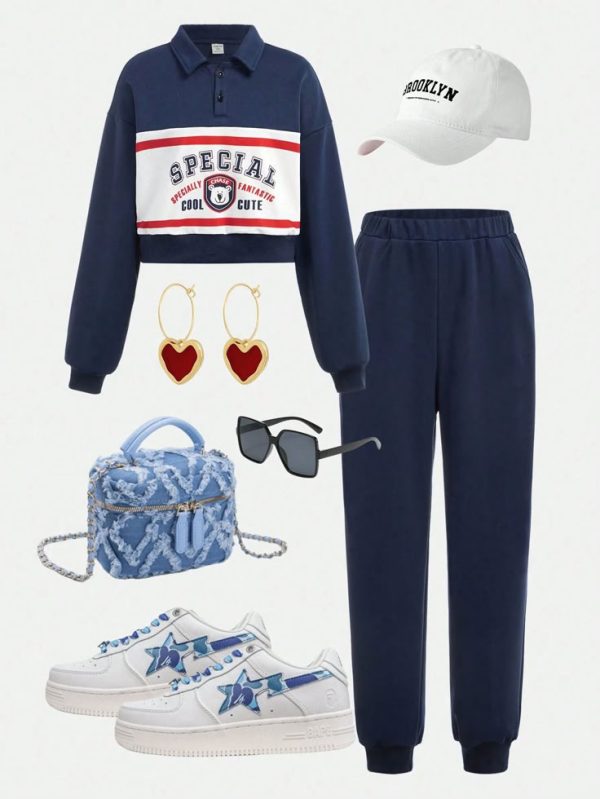 SHEIN 2pcs/Set Teenage Girls Casual Letter Printed Drop Shoulder Polo Shirt And Sweatpants Outfit