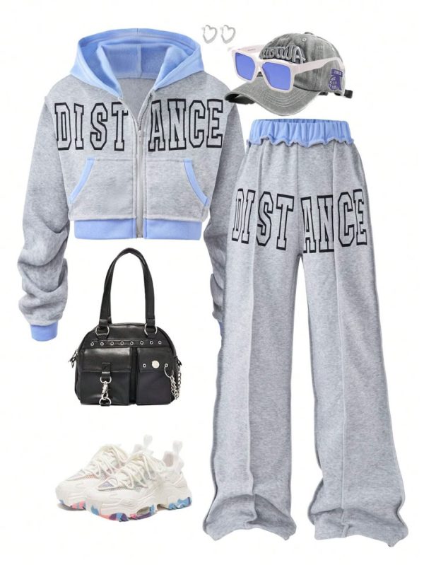 SHEIN Tween Girls Letter Print Hooded Baseball Jacket And Casual Pants Set