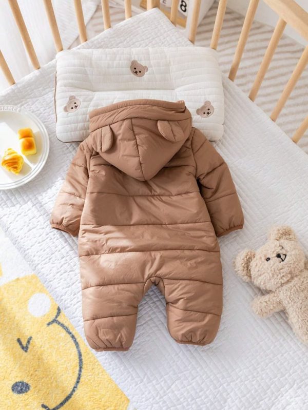 SHEIN Baby Boys Brown Winter Cute Cartoon 3D  Front Fleece Loose Long Sleeve Jumpsuit
