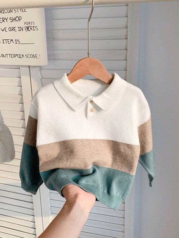 SHEIN Baby Unisex Colorblock Knit Soft Collar Snap Front Long Sleeve Sweater