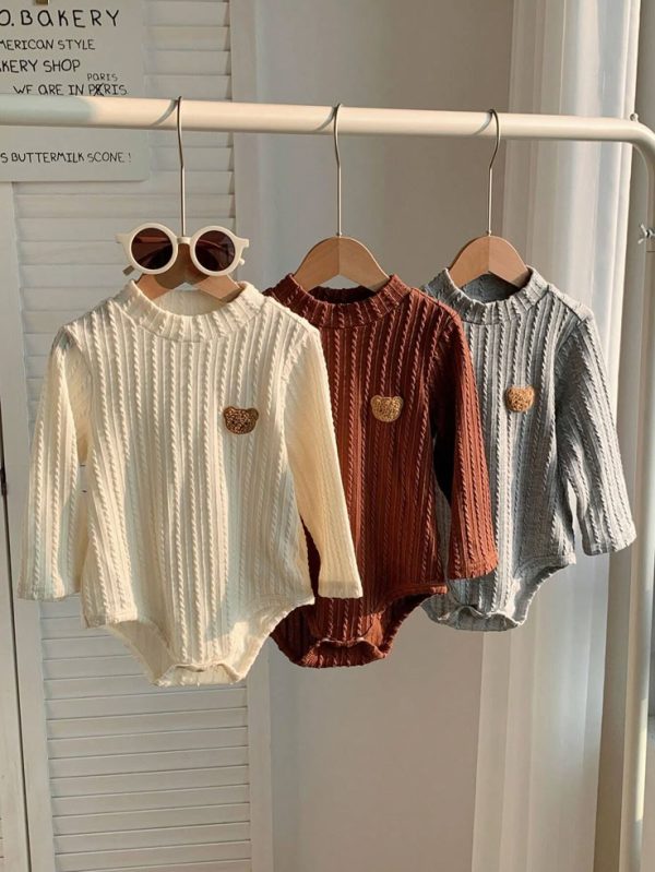 SHEIN 3pcs/Set Newborn Baby Boy/Girl Cute Knitted Long Sleeve Romper