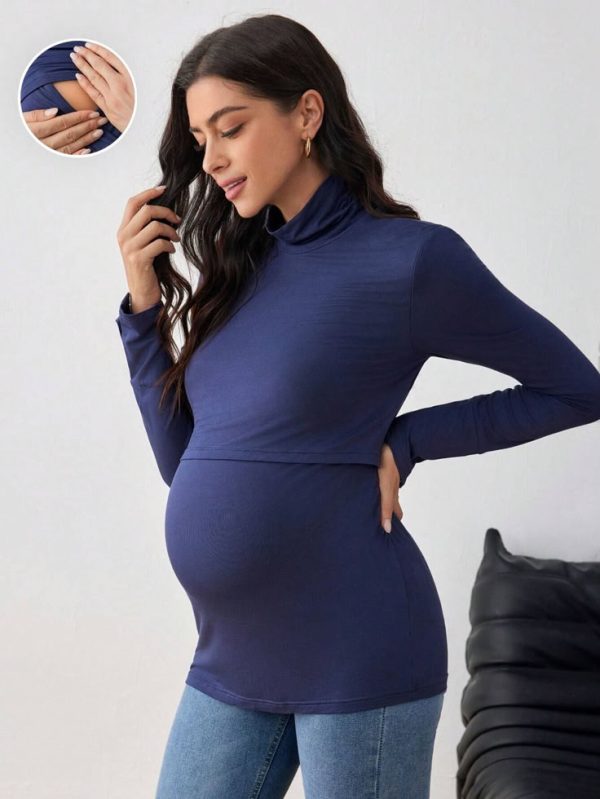 SHEIN Maternity Women High Neck Button Design Solid Color Long Sleeve Nursing Tops