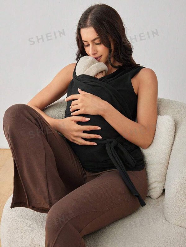 SHEIN Maternity Skin-To-Skin Casual Outfit Nursing Black Wrap Around Shirt With Bow Tie