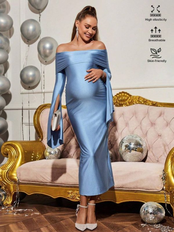 SHEIN Loomaby Maternity Solid Color Off-Shoulder Pleated Slit Long Sleeve Fitted Dress
