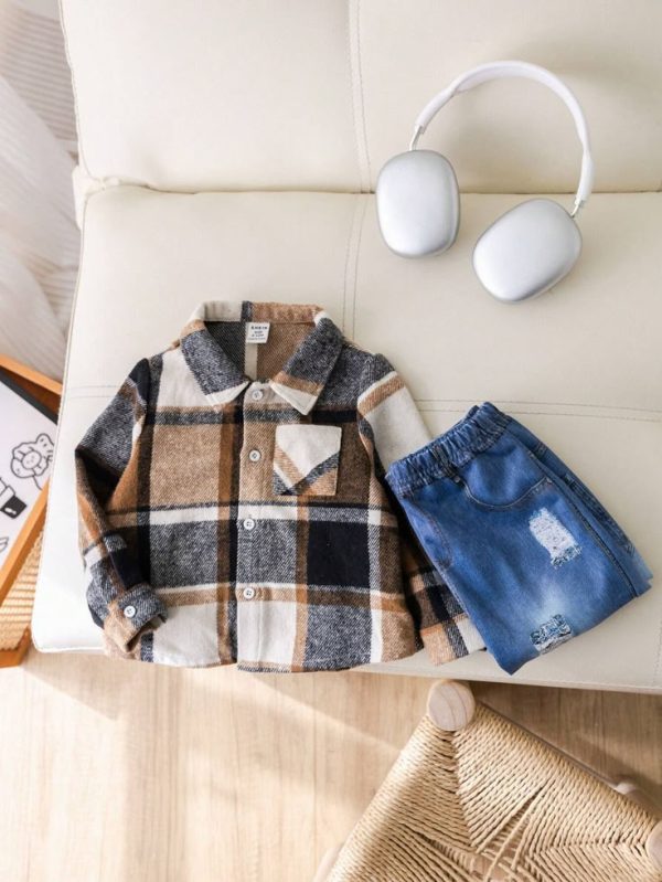 SHEIN 2pcs Baby Boy/Girl   Fabric Long Sleeve Shirt And Knitted Denim Effect Printed Outfits