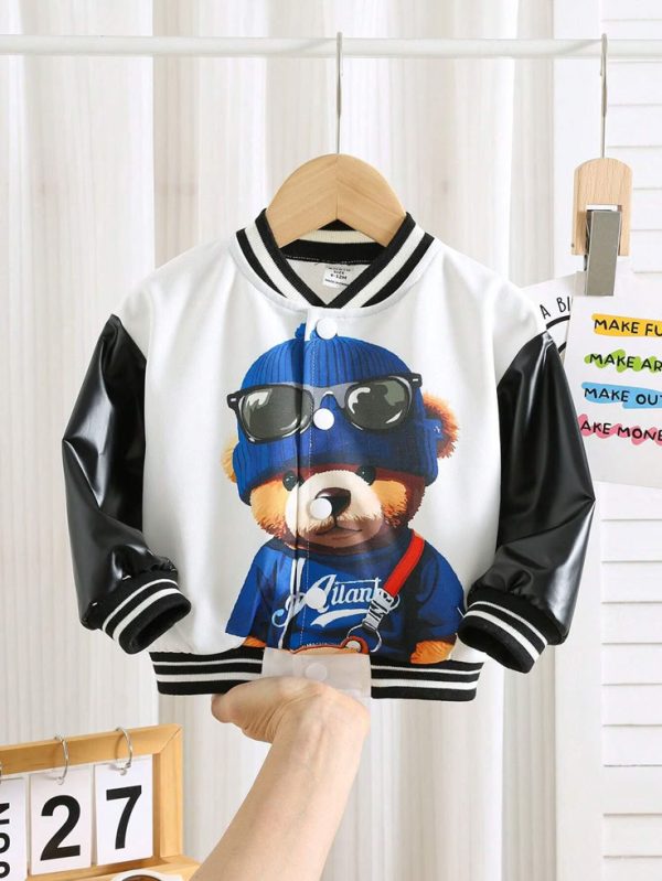 SHEIN Unisex Baby Casual Colorblock Cartoon Bear Printed Long Sleeve Baseball Jacket