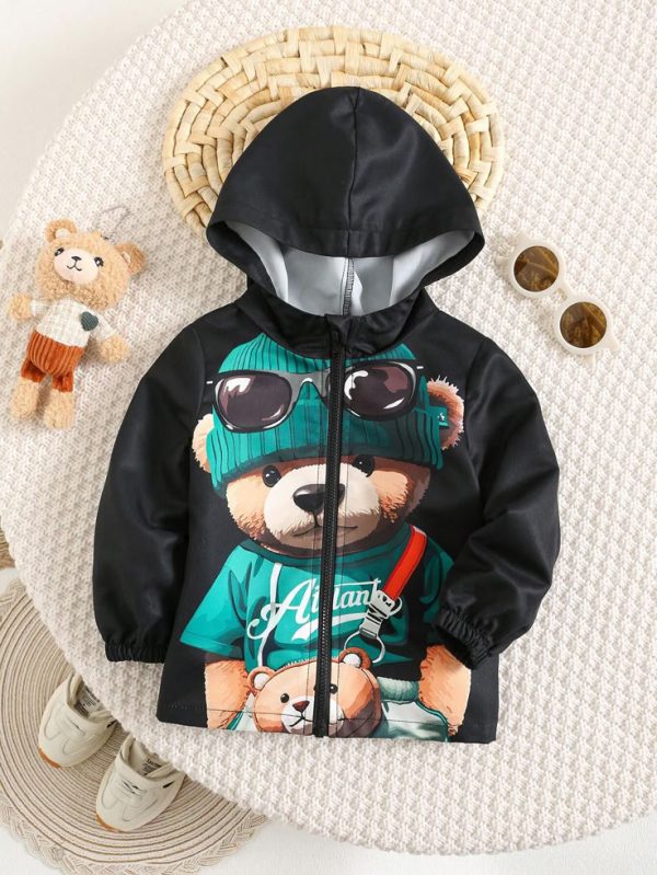 SHEIN Toddler Unisex Simple Cartoon Bear Print Hooded Jacket, Suitable For Spring & Autumn