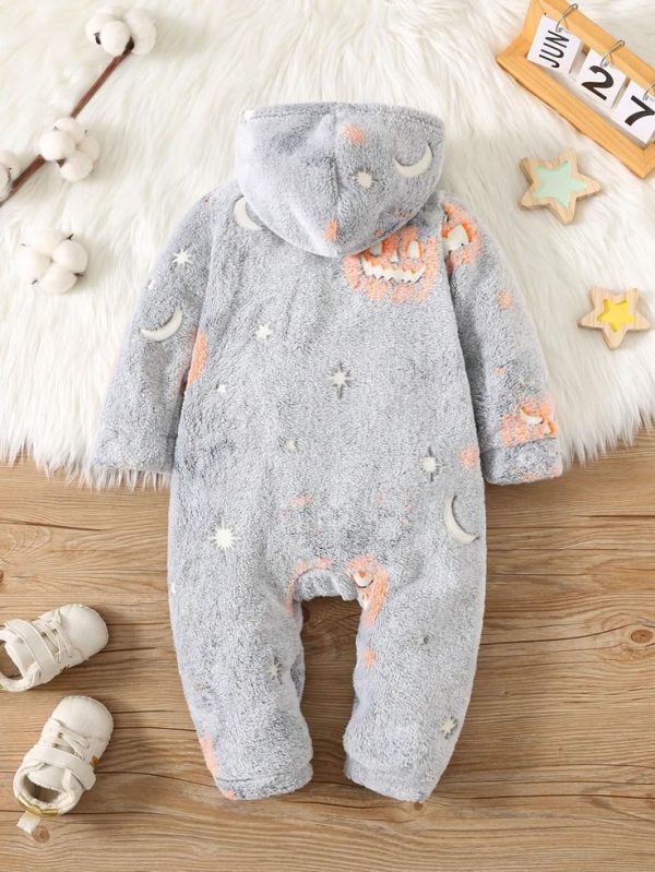 SHEIN Newborn Baby Boy/Girl Halloween Pumpkin, Smile Face, Star, SnowflakeLong Sleeve Fleece Romper