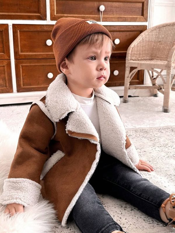 Baby Boy Winter Fashion Jacket - Classic Zip-Up Fluffy Lining Long Sleeve Brown Coat