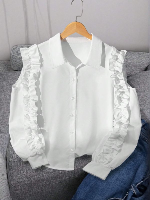 Teen Girl Elegant White Ruffle Trim Long Sleeve Blouse