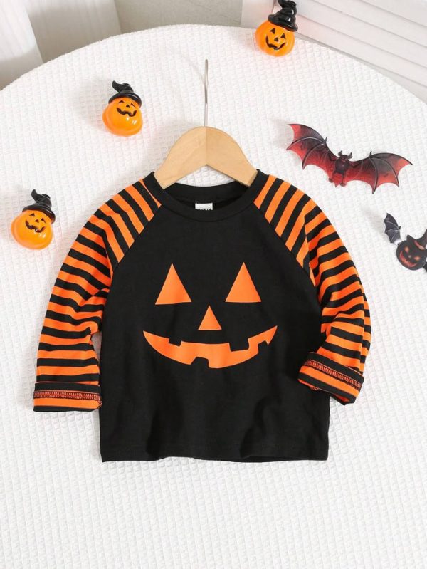 SHEIN Halloween Costume Cute Pumpkin & Striped Long Sleeve Top For Baby Boys & Girls