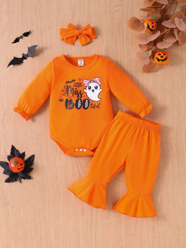 1 Set Baby Girl Pumpkin Costume With Flare Pants,Halloween Outfit