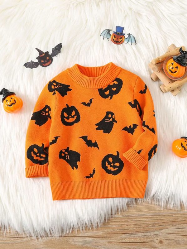 SHEIN Cute Orange Pumpkin Cartoon Pattern Long Sleeve Sweater Halloween Costume For Babys